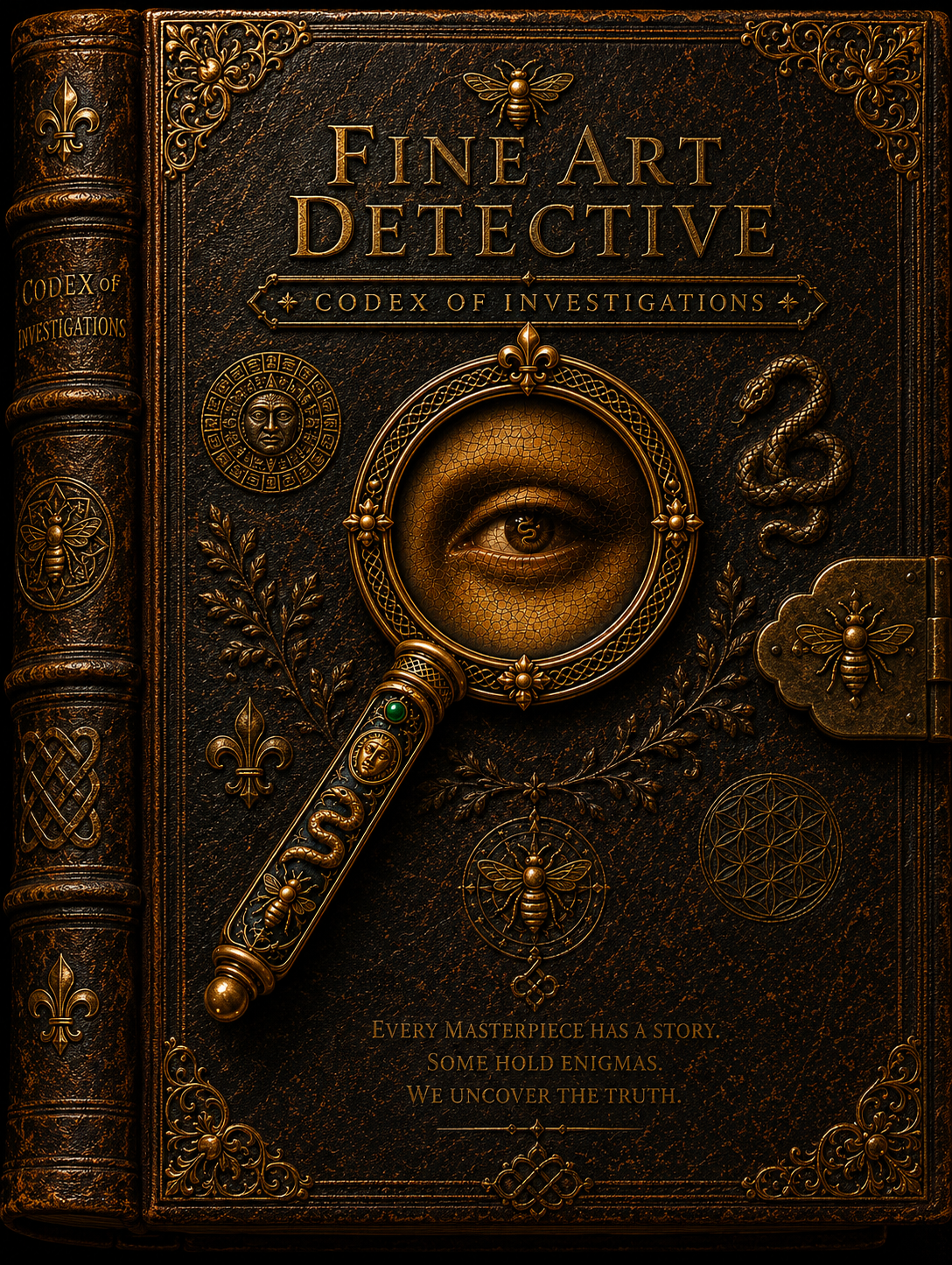 The Fine Art Detective Book of Investigations — an ornate leather-bound volume, closed and waiting to be opened