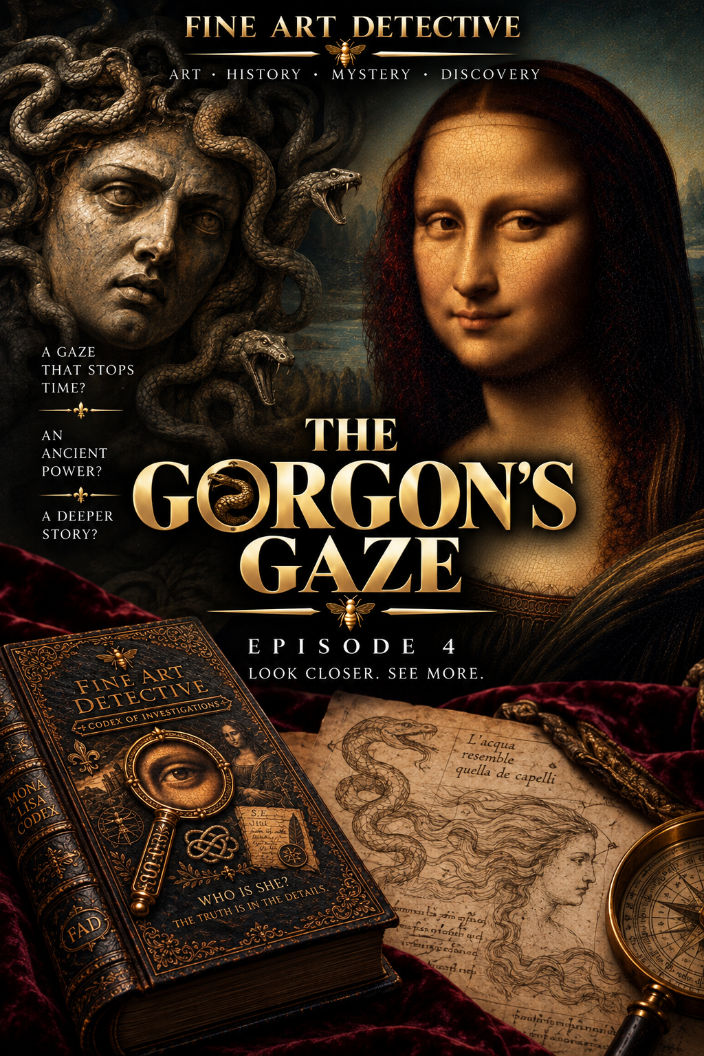 Episode 5 — The Gorgon's Gaze. The official Fine Art Detective plate: a stone Medusa wreathed in serpents beside the Mona Lisa, with the Codex of Investigations and an antique manuscript study of a serpent-haired figure below, beneath the title THE GORGON'S GAZE.