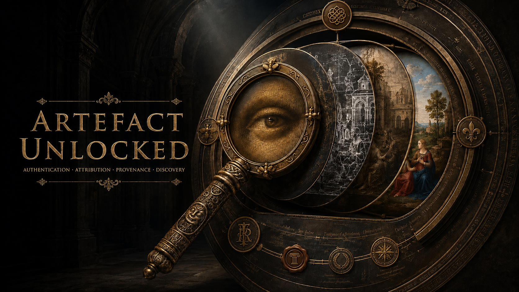 Artefact Unlocked — an antique brass magnifying glass held over layered Renaissance paintings, its lens revealing a cracked, aged eye, surrounded by gold seals, a compass rose and archival inscriptions on a black ground.